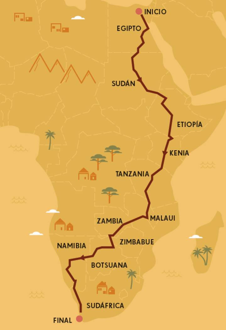 Mapa de la ruta del Tour por África, de Egipto a Sudáfrica